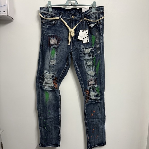 Rue21 Other - Rue21 Premium Men's 34X30 Jeans Blue Design Patch Distressed Skinny Fit Denim